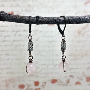Antique brass earrings with rose quartz and silver focal bead