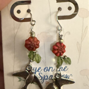 Red flower with silver bird earrings